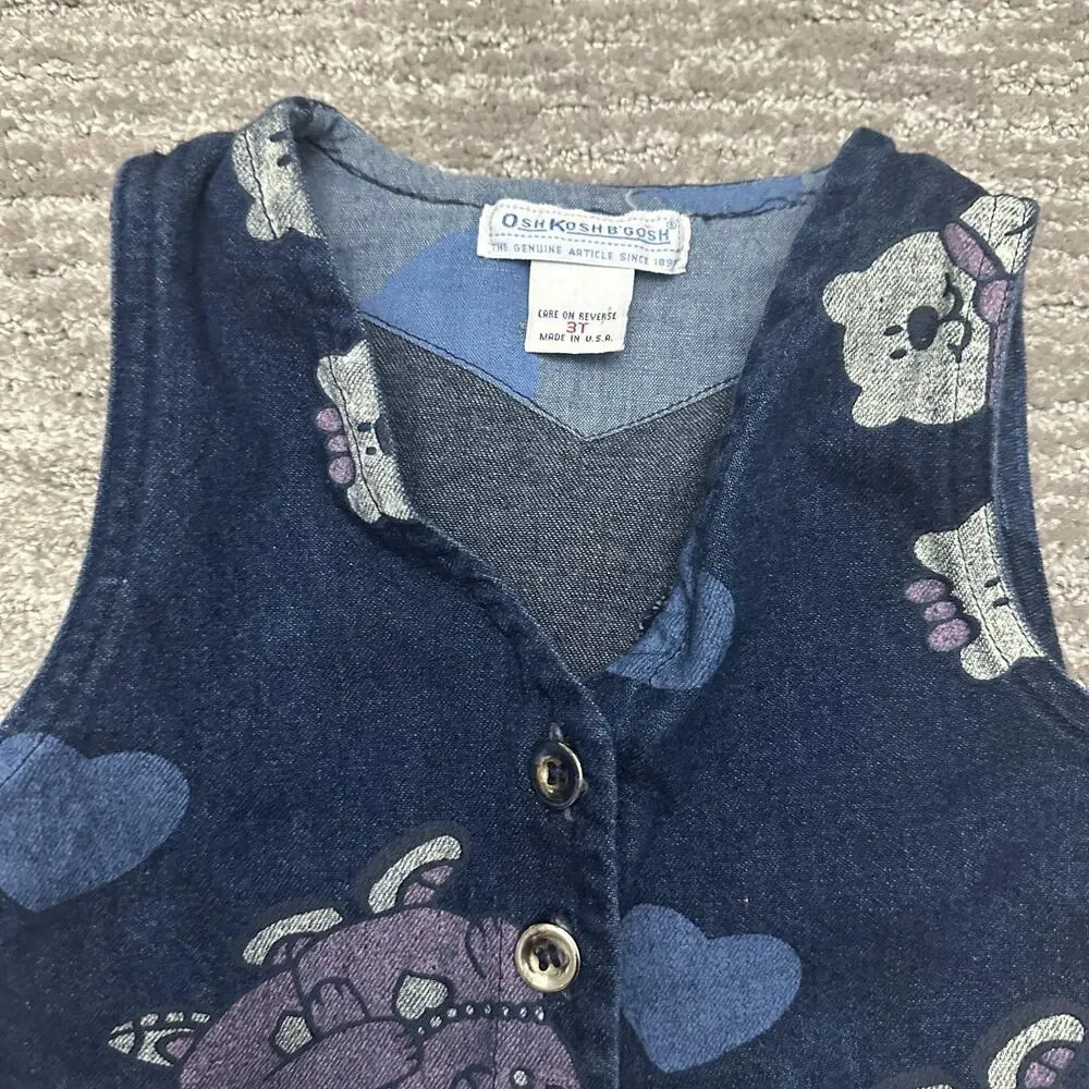 Vintage OshKosh B'gosh Vest Girls 3T Blue Denim Teddy Bear Heart Print USA 90s